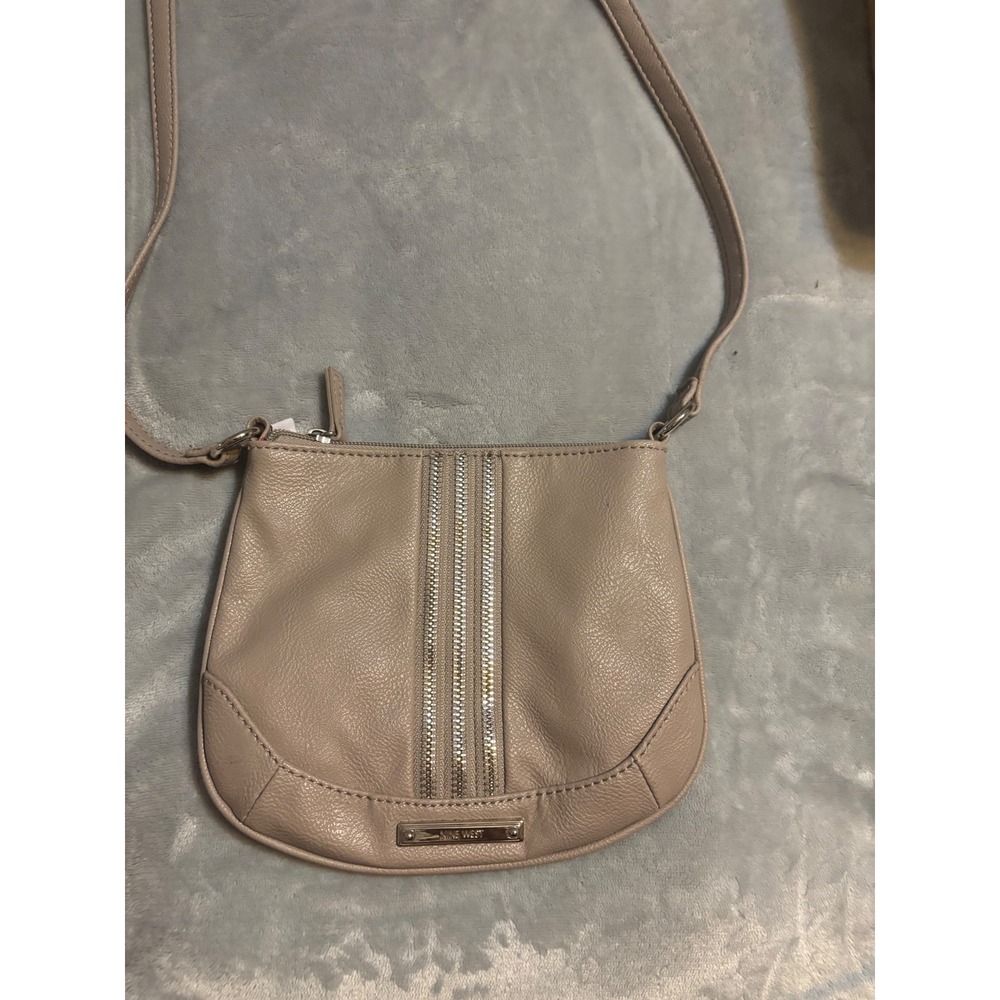 Nine West Taupe Faux Leather Crossbody Bag Triple Zipper Detail Pink Lining
